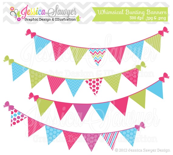 INSTANT DOWNLOAD Bunting banner clipart - flag clip art - whimsical - patterned- commercial use - card making - digital element Il_570xn