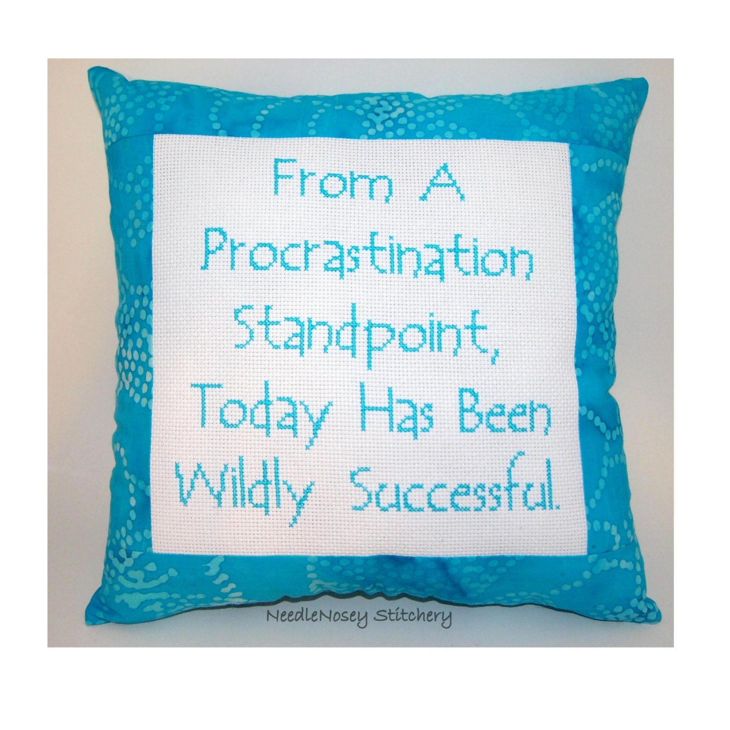 Funny Cross Stitch Pillow, Blue Pillow, Procrastination Quote