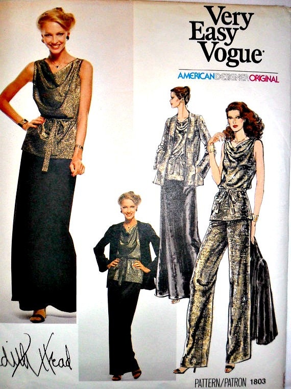Misses Jacket, Drape Neck Top Tunic Maxi Skirt and Pants Vintage Vogue 1803 American Designer Edith Head Size 12