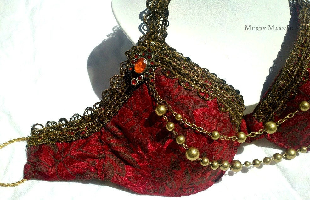 Burgundy & bronze Tribal Fusion Belly Dance halter bra. 32-34 A/B. OOAK dance costume.