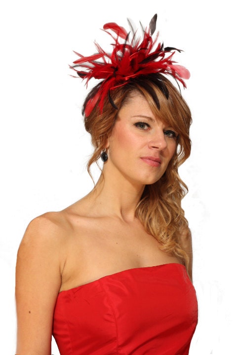 Red and Brown Satin Feather Fascinator Hat - wedding, ladies day - choose any colour feathers & satin - MaighreadStuart