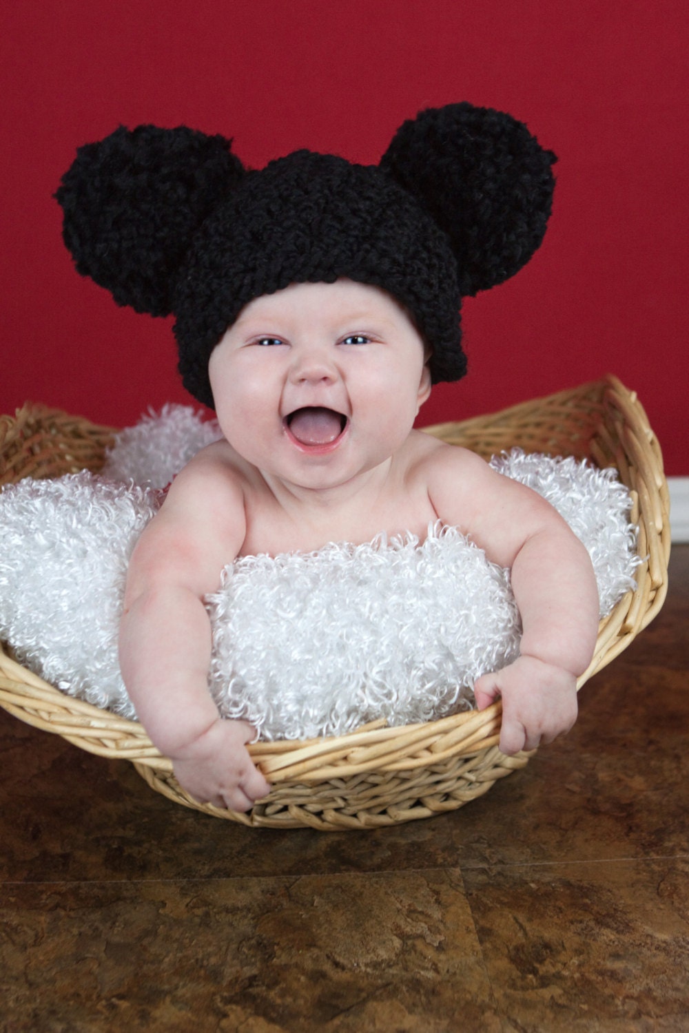 Baby Hat, 0 to 3 Month Baby Girl or Baby Boy Soft Chunky Crochet Double Pom Pom Mouse Ear Hat - Black Photography Prop Baby Hat