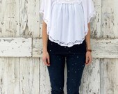 Cabbage White Butterfly Battenberg Blouse upcycled slip over bat wing sleeve top white lace blouse