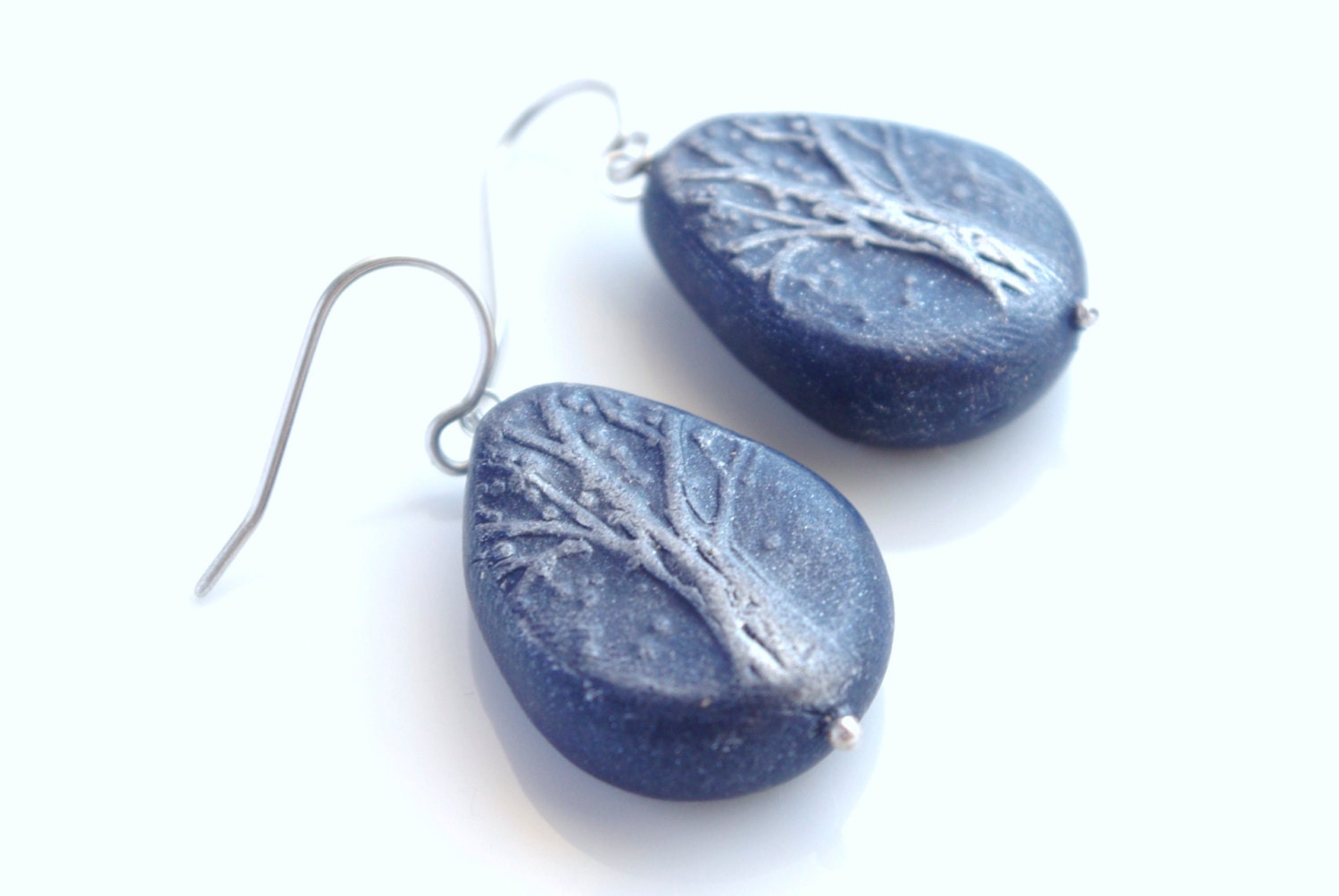 Tree of life tear drop earrings dark blue and silver - argentium silver ear wires