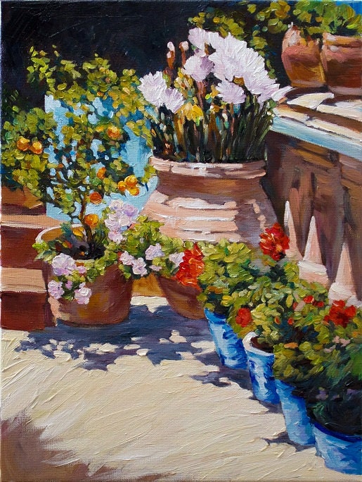 Flower Pots Original Beautiful Oil Painting on Canvas Floral Wall Decor by Anastassia Art