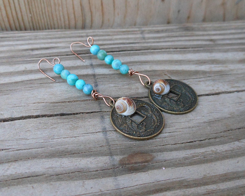 Beach Earrings - Coins and Tiny Brown Seashells - Light Blue Beads - Handmade Jewelry - Beach Earrings