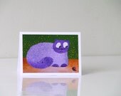Greeting card with fat funny cat and red ball / Animal art / Cat painting / Cat illustration / Purple kitty card