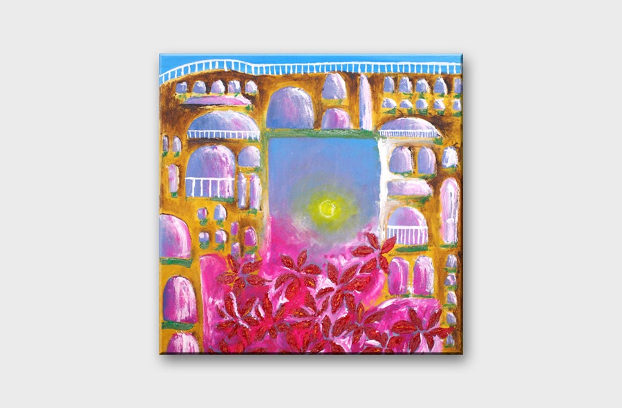 ORIGINAL Acrylic painting on canvas Modern Abstract City Art with Red Flowers Building - Floral Landscape - Wall decor 16x16