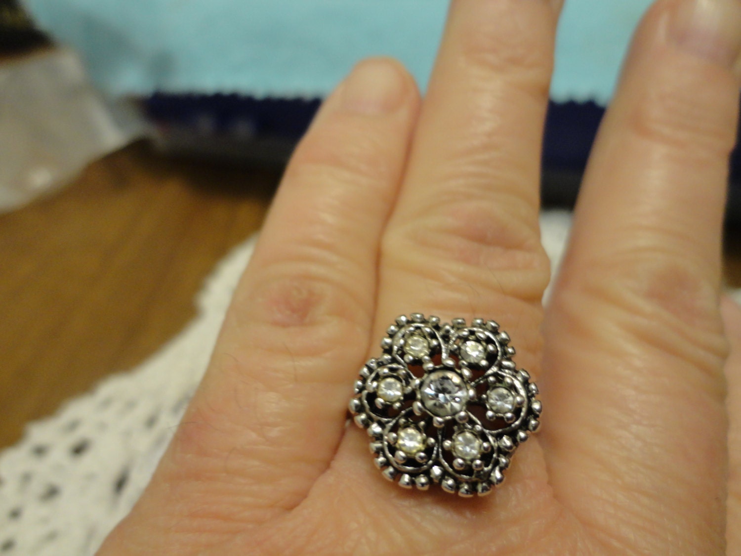 20% Off Sale Use code SPRINGBLING1 Fabulous 14 Kt.White Gold filled Rhinestone Flower Ring