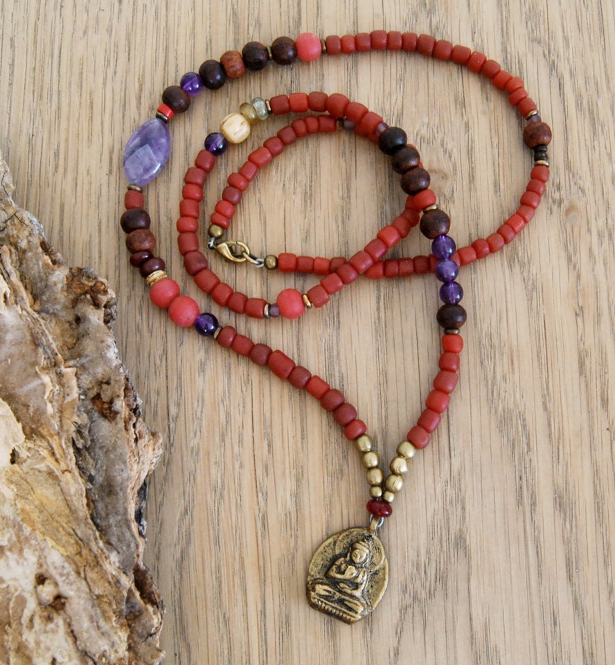 buddha necklace with amethyst - yoga jewelry - boho necklace - ethnic necklace - beaded necklace