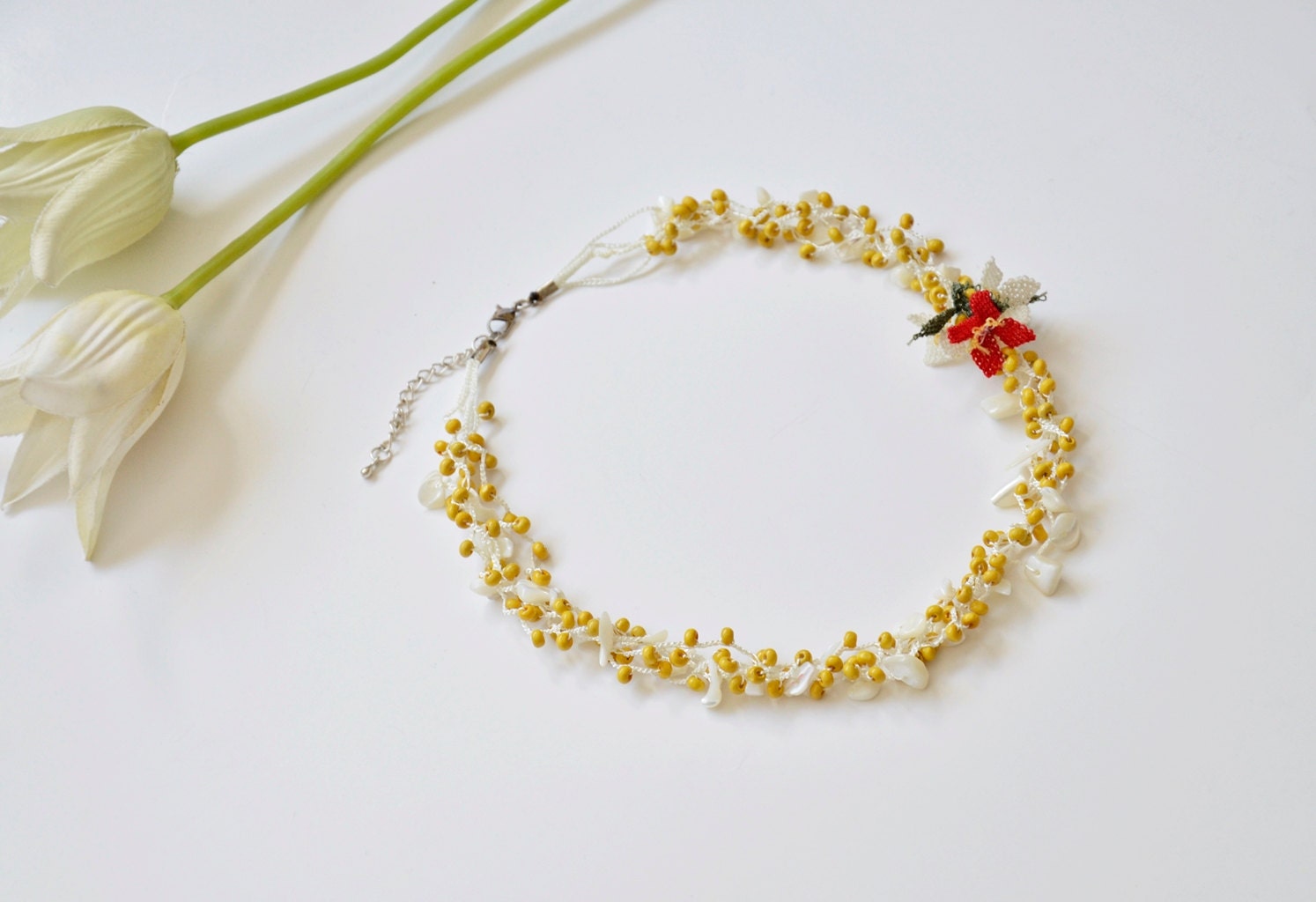 Handmade Cream Nacre Natural Stone and Yellow Beads, Red and Cream Flowers Crochet Necklace, Beadwork, For Wedding, For Bridesmaid