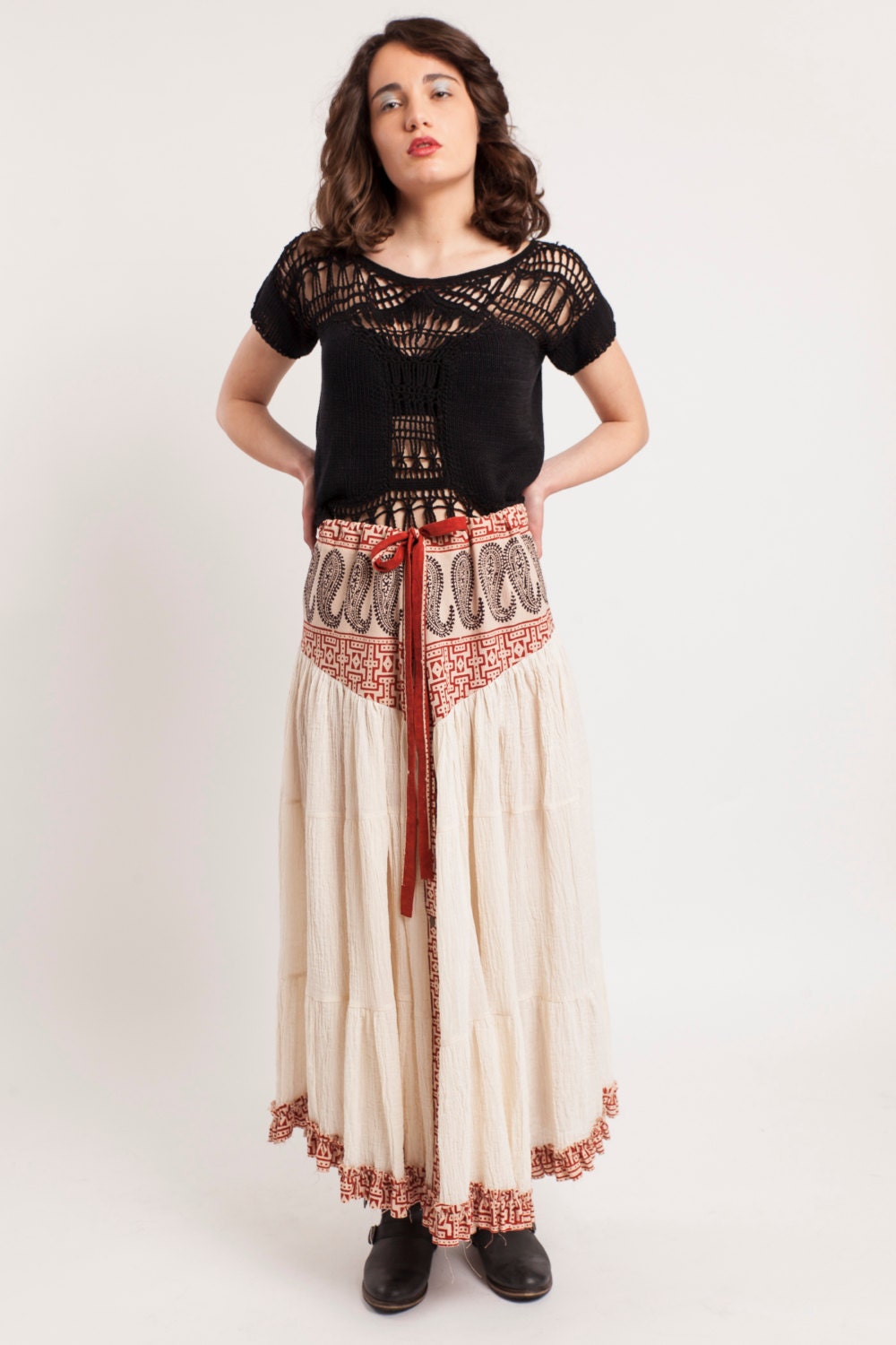 Gauzy cotton tiered maxi skirt, Indian cotton skirt with paisleys, Long tiered skirt, Off white skirt, Bohemian long skirt