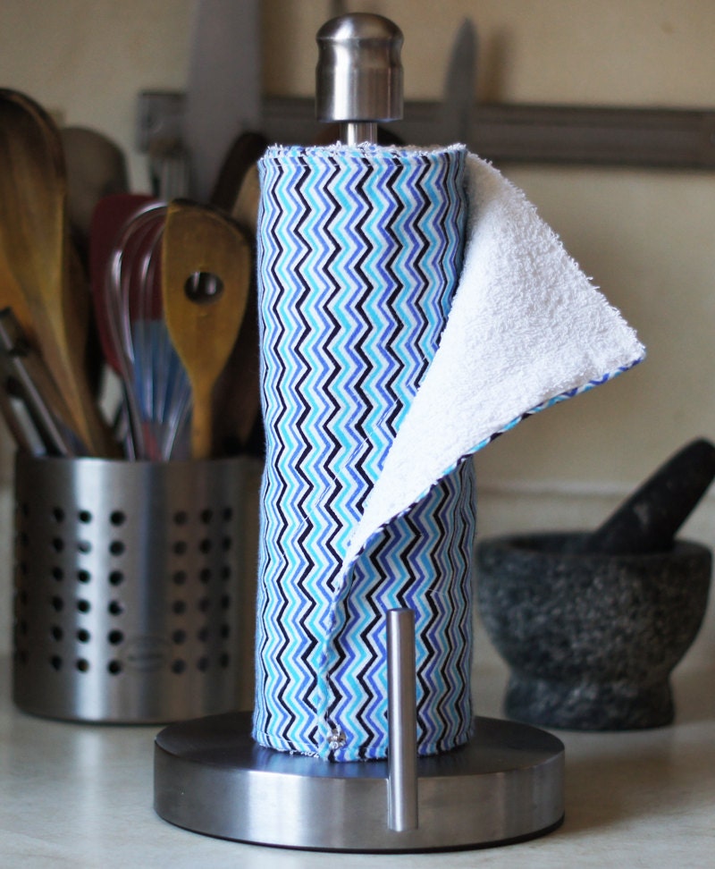 READY TO SHIP - Reusable Snapping UnPaper Towels - Blue Black Chevron - Cotton and Terry Cloth - Eco Friendly