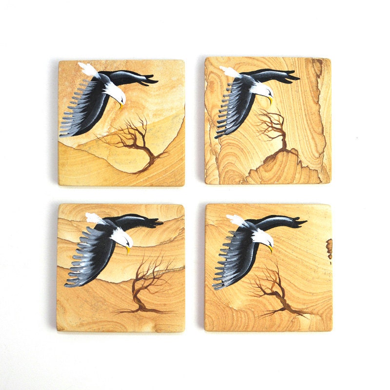 Sandstone Coasters Handpainted Desert Eagle Design - Cork Back, Unique Handmade Southwestern Design - Vintage Home Kitchen, Bar, or Gift