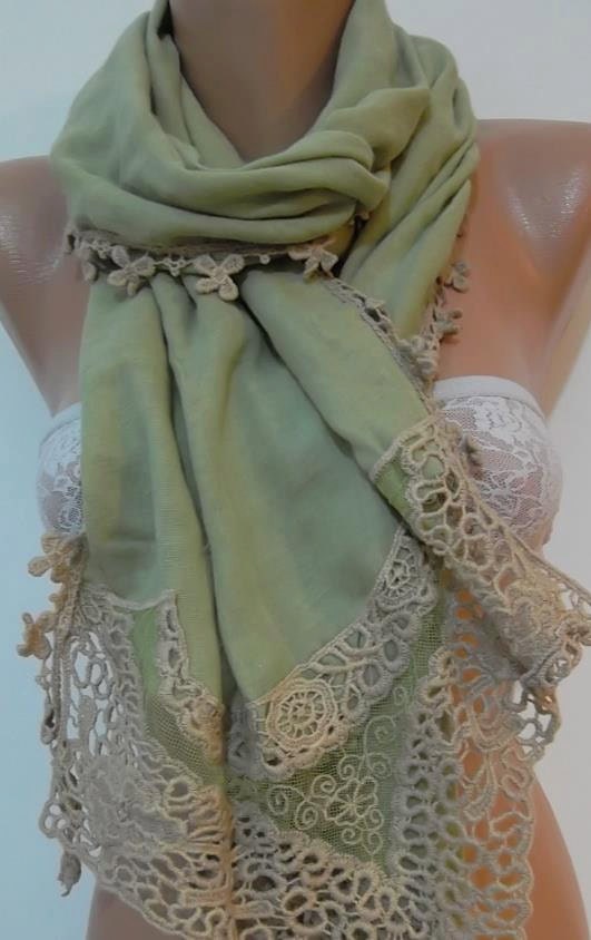 Super elegant scarf--Cotton and lace.....Soft green