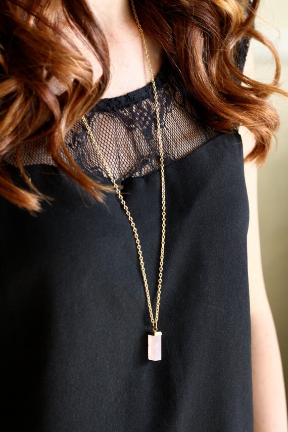 Light Pink Geometric Stone Necklace with Dainty 30" Gold Plated Chain