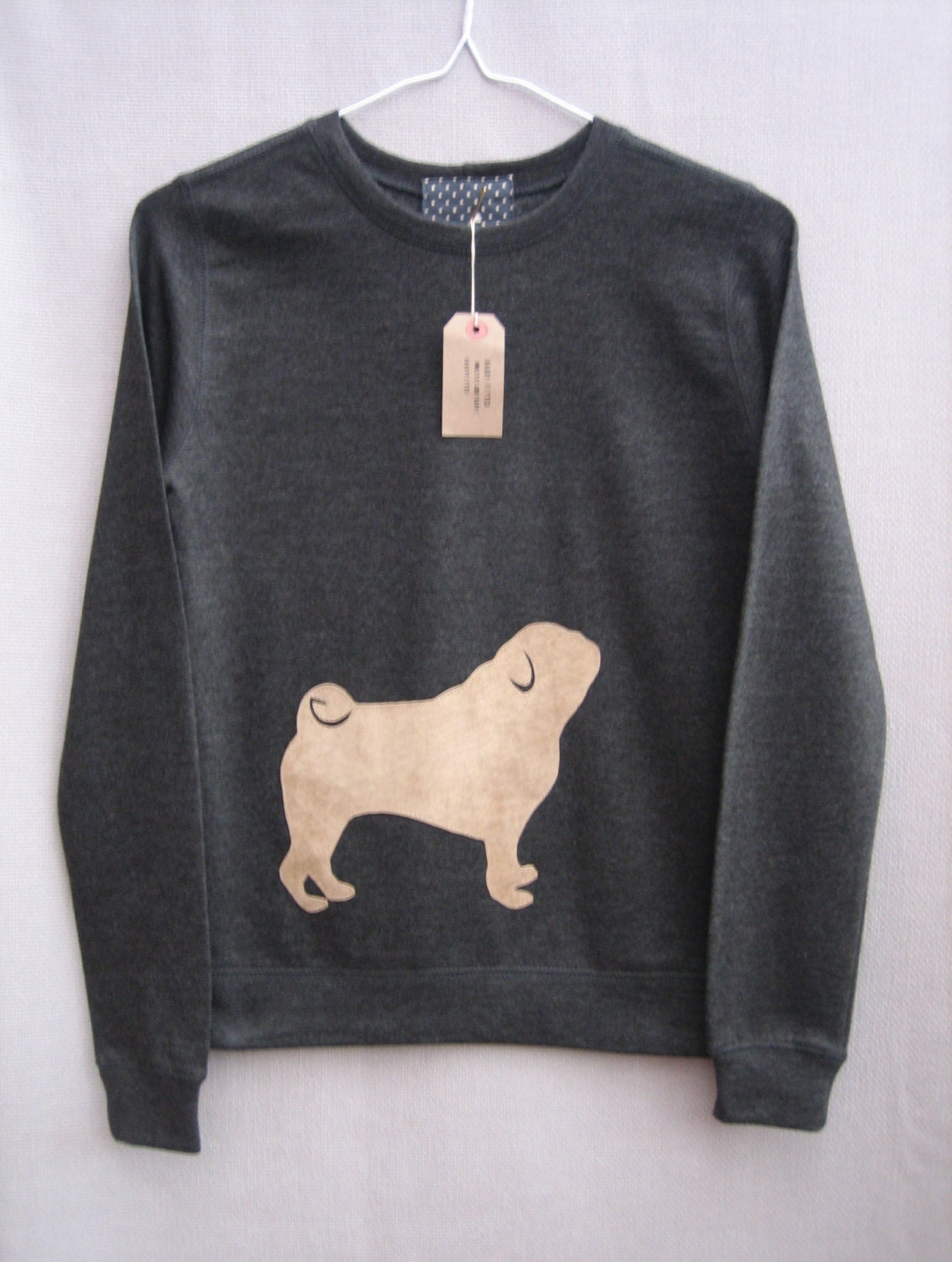 Suede Pug Jumper Women's Dark Grey Heather Lightweight Crew Neck Sweatshirt