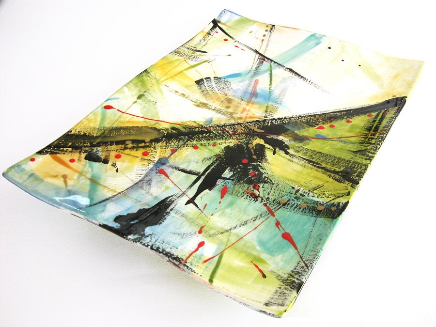 Hand-painted ceramic platter / white / yellow / aqua / green / black / red / abstract CE-19
