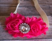 Double Shabby Flower your Color Choice with a clear gem on an ivory elastic band, perfect for any age