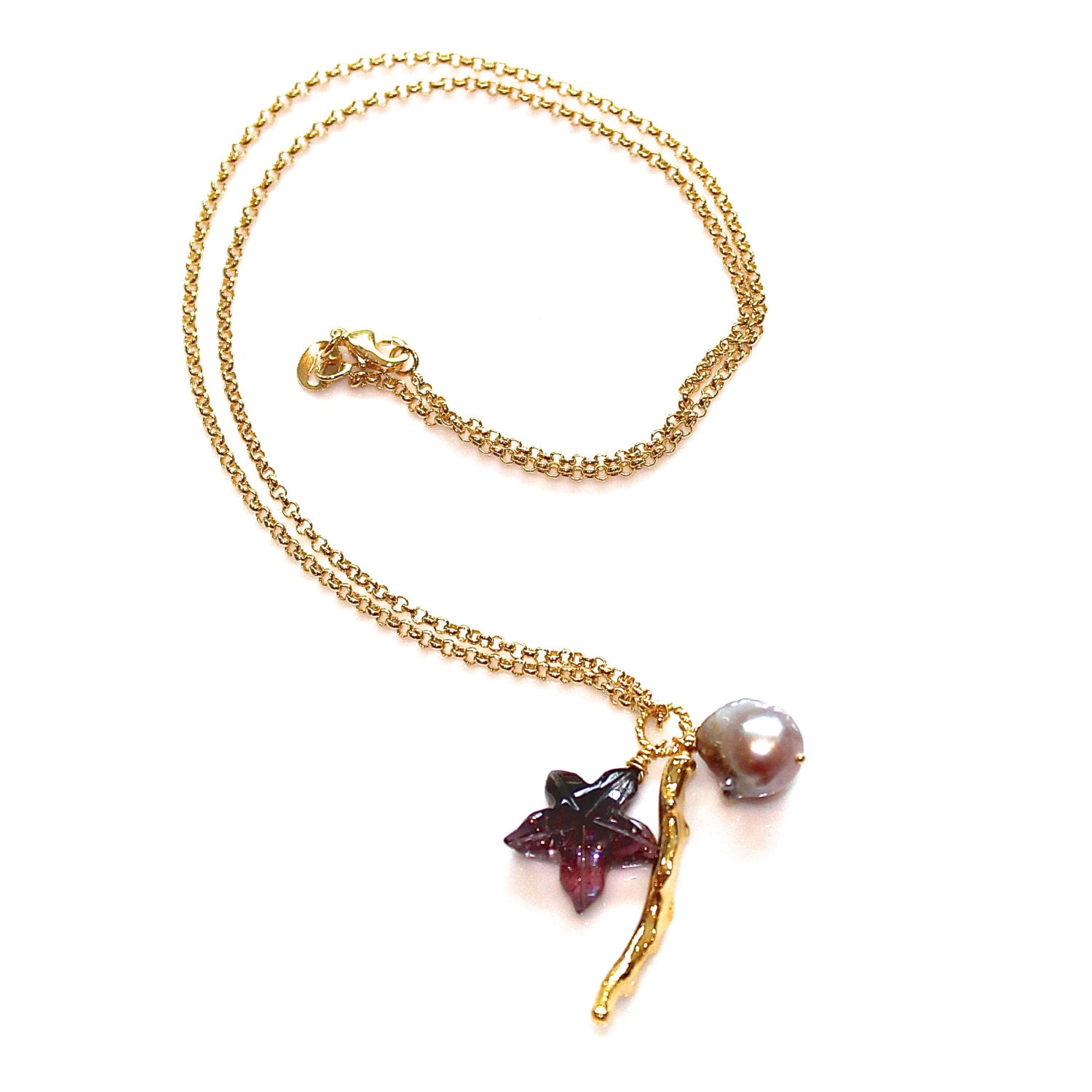 Carved Tourmaline Necklace Purple Starfish Gold Coral Mauve Baroque Pearl 18" Charm Gemstone Jewelry