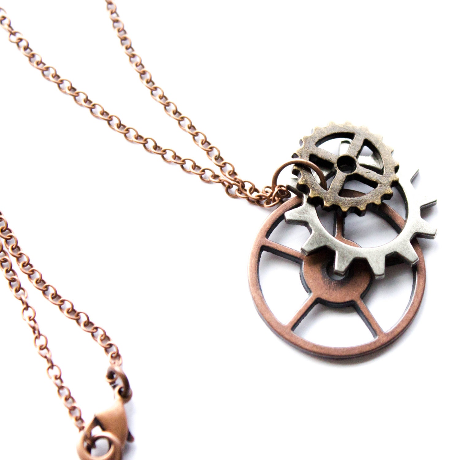 Steampunk Jewelry: Gears Necklace, Mixed Media, Pendant Necklace, Copper Chain, Metal Jewelry