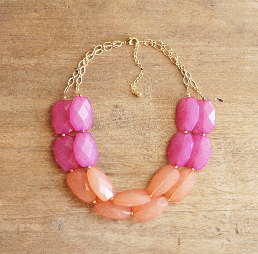 Pink and Orange Colorblock Double Strand Statement Necklace - Bib Necklace