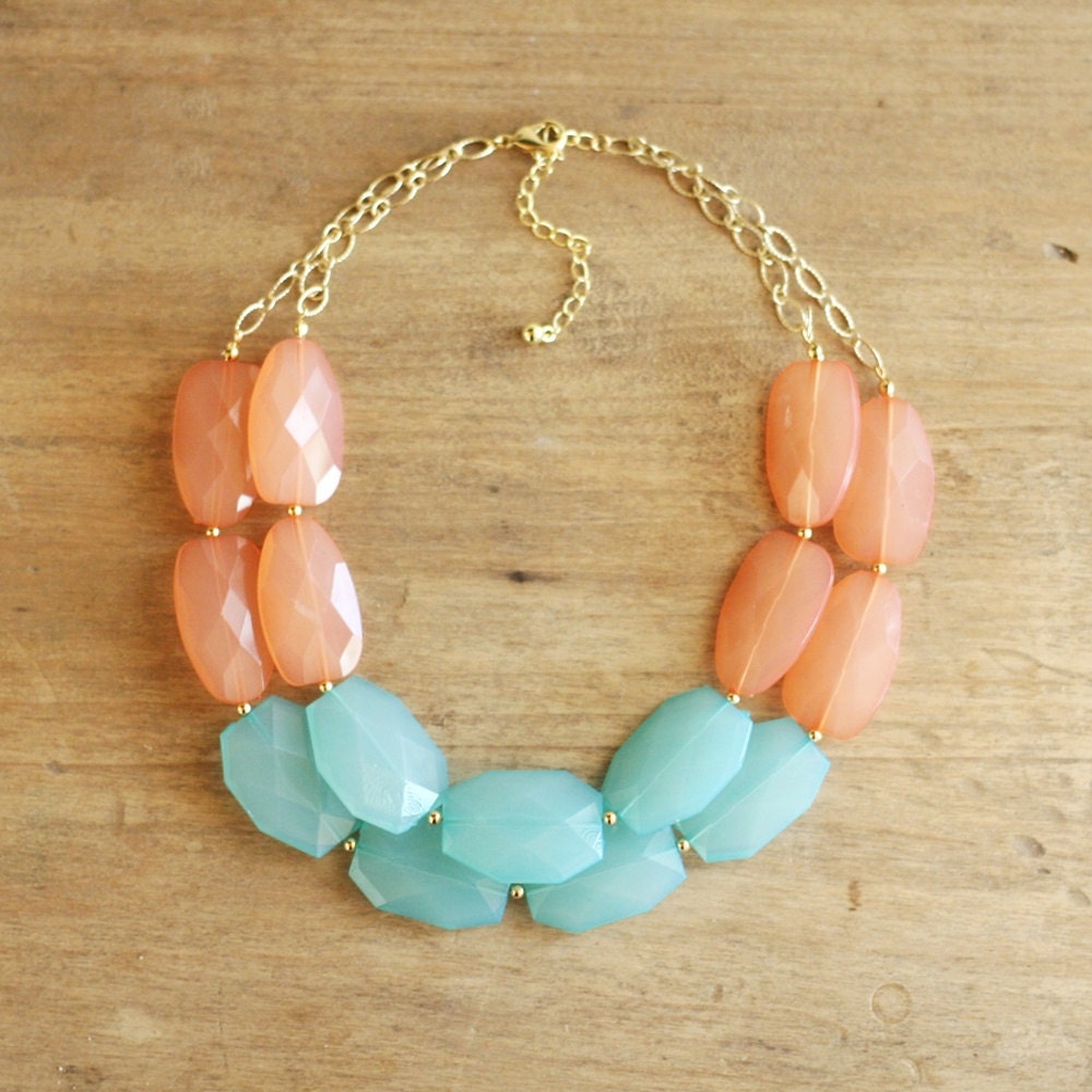 Turquoise and Peach Coral Colorblock Double Strand Statement Necklace - Bib Necklace