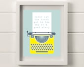 Retro Typewriter Illustration, 8x10 Print in Yellow & Duck Egg Blue
