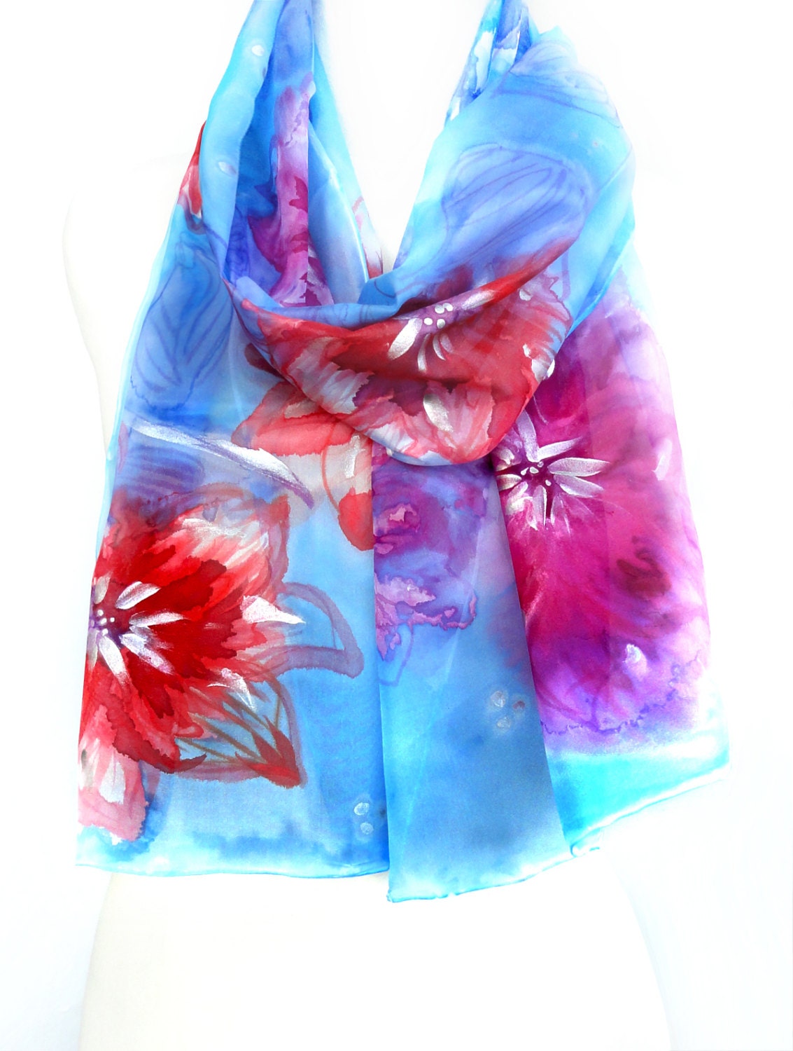 Hand Painted Silk Shawl. Floral Blue Scarf. Gift for Her. Blue Purple Shawl. Red Fuchsia Flowers. 14x71in. (35x180cm). Ready2Ship.