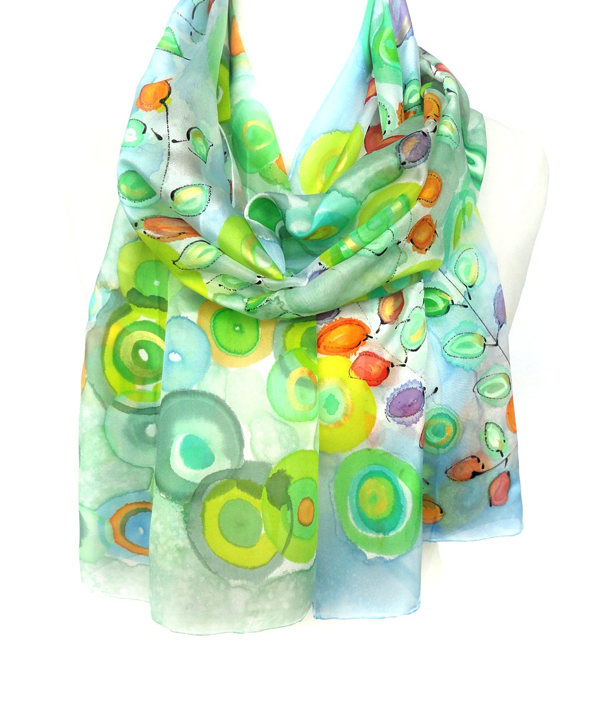 Green Silk Shawl. Hand Painted Scarf. Gift for Her. Foulard Echarpe Soie. Multicolour Floral Scarf.14x71 in. (35x180cm). Ready to Ship.