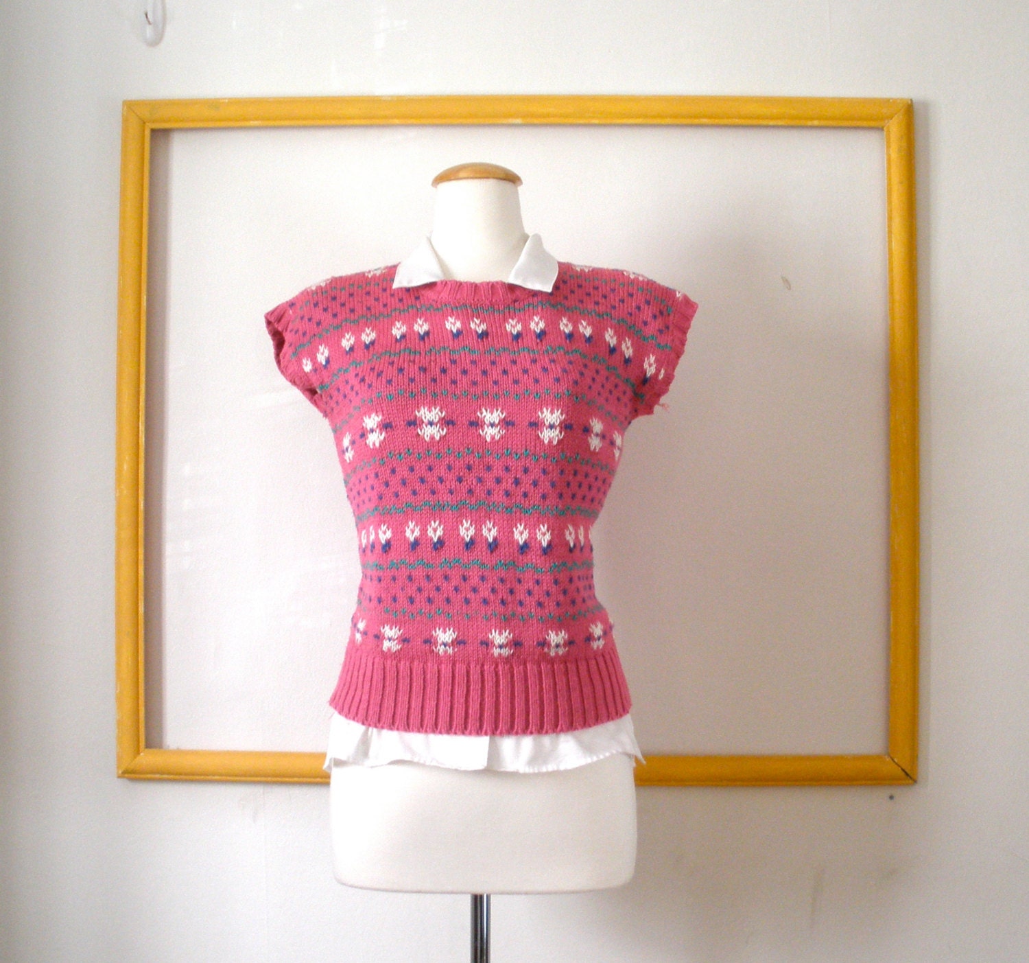 Fuschia Mixed Print Polka Dot Floral T-Shirt Sweater, 80s - S/M