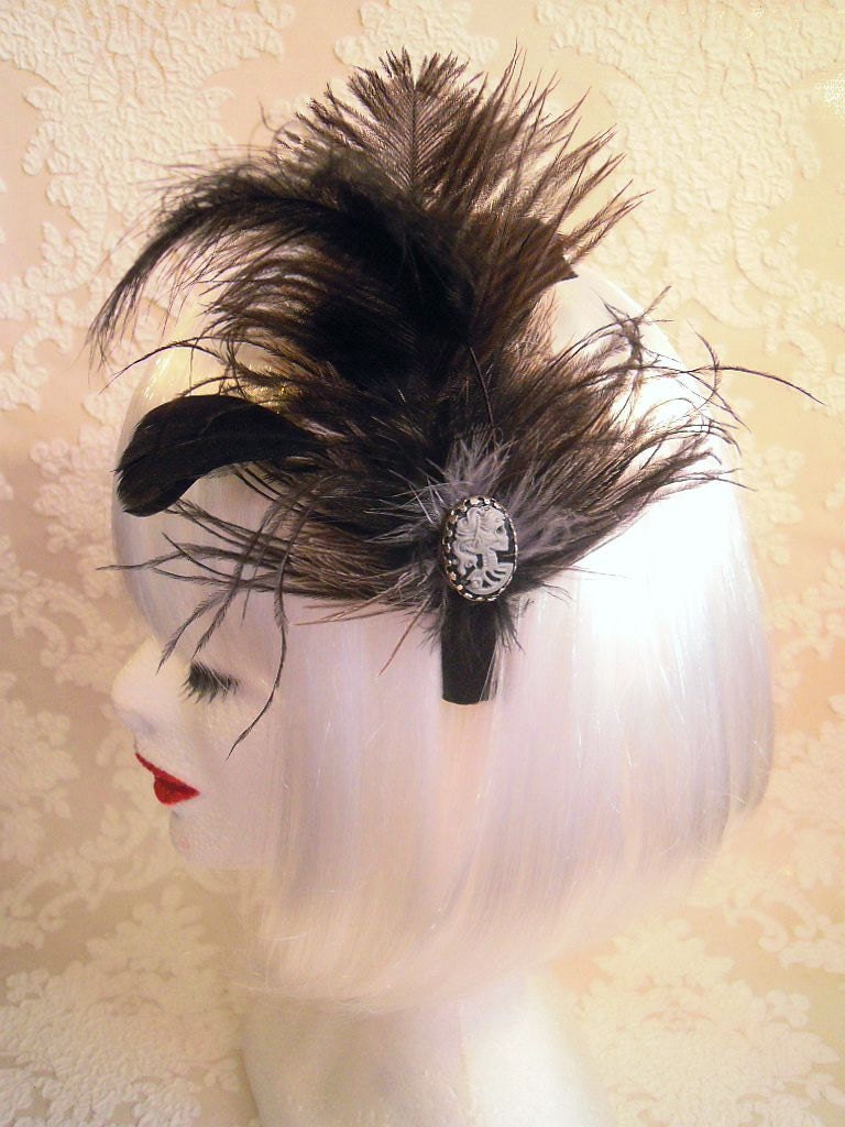 hairband unique head dress head piece hair jewelry feathers skull cameo black, grey