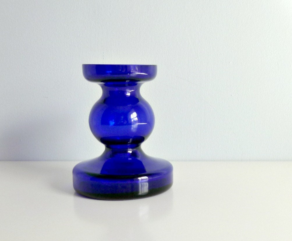 Mid Century Modern - Vase / Candle Holder - Hooped Glass, Cobalt Blue - Mad Men, 1970's Home Decor, Scandinavian Style, Summer