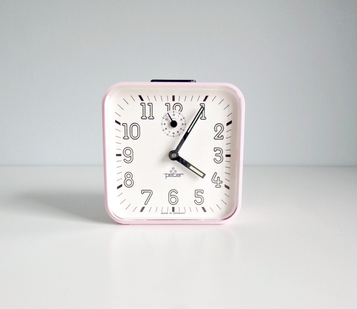 Mid Century Modern Alarm Clock - Pastel Pink / White - Wind-up, Mechanical - Peter, Germany - 1960's Home Decor, Time, Morning. Wake up