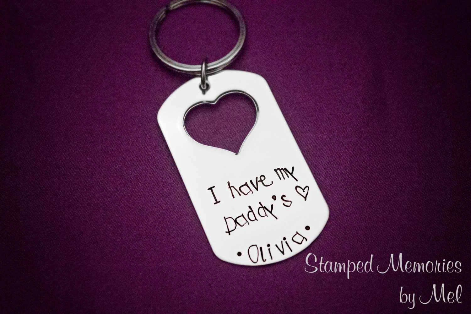 I have my Daddy's Heart - Hand Stamped Personalized Keychain - Great gift for Dads - Stainless Steel Key Chain