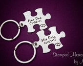 Her One, His Only WITH DATE- The Original - Hand Stamped Puzzle Piece Keychain Set - Couple Key Chain - Wedding, Anniversary, Birthday Gift