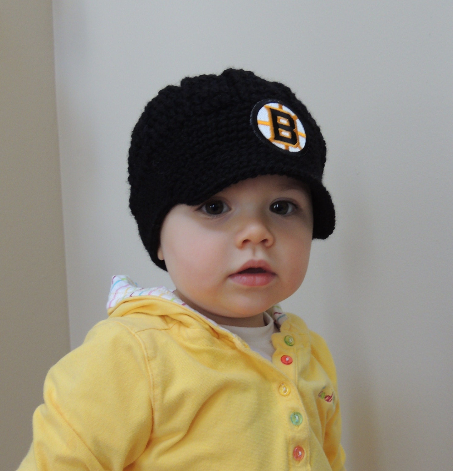Handmade Boston Bruins Crochet Newsboy Hat with Bruins Patch / NHL Baby / Photo Prop / Custom Made Infant, Baby