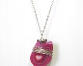 Unique Wired Pink Stone Pendant Necklace, Raspberry Pink Agate Gemstone, Wire Wrap Bold Jewelry, Quirky Summer Necklace