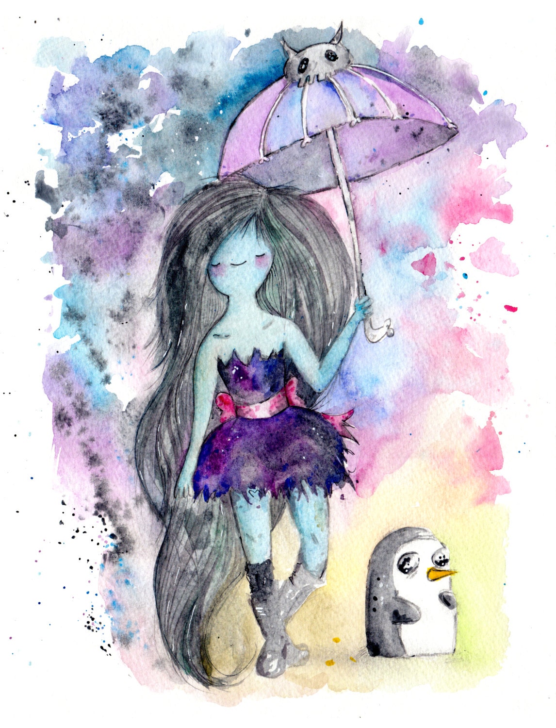 Marceline The Vampire Queen and Gunther, 8.5x11 inch inkjet print / Adventure Time Fan Art
