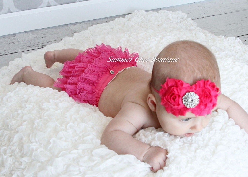 Bloomers AND Headband, Baby Bloomers, Infant Bloomers, Lace Bloomers, Diaper Cover, Bright Pink Lace Ruffle Bloomers with Matching Headband