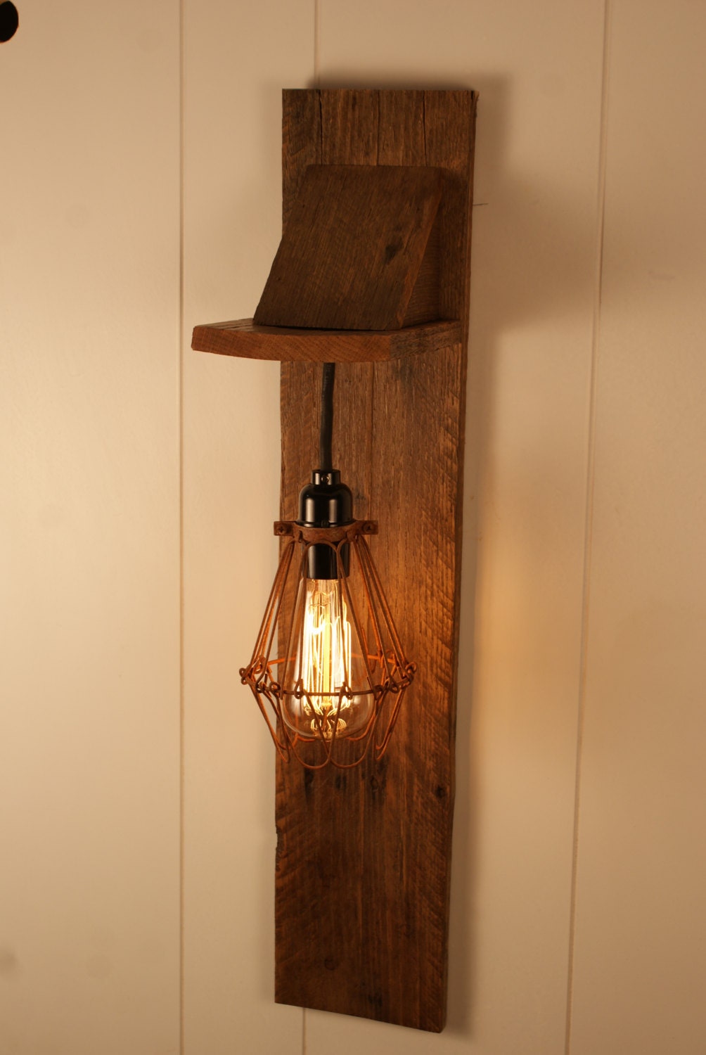 Cage Light Chandelier Wall Mount Fixture - Cage Lighting - Edison Bulb - Upcycled Wood