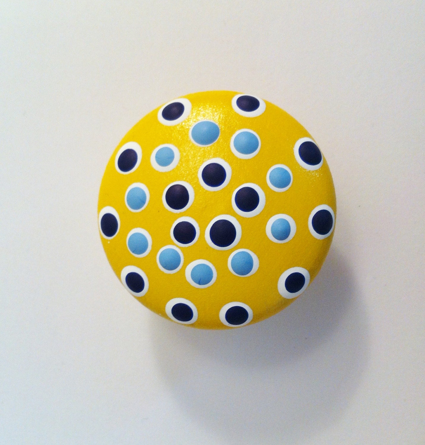 Bright Yellow Dresser Knob Hand Painted with Baby Blue and Navy Blue Dots