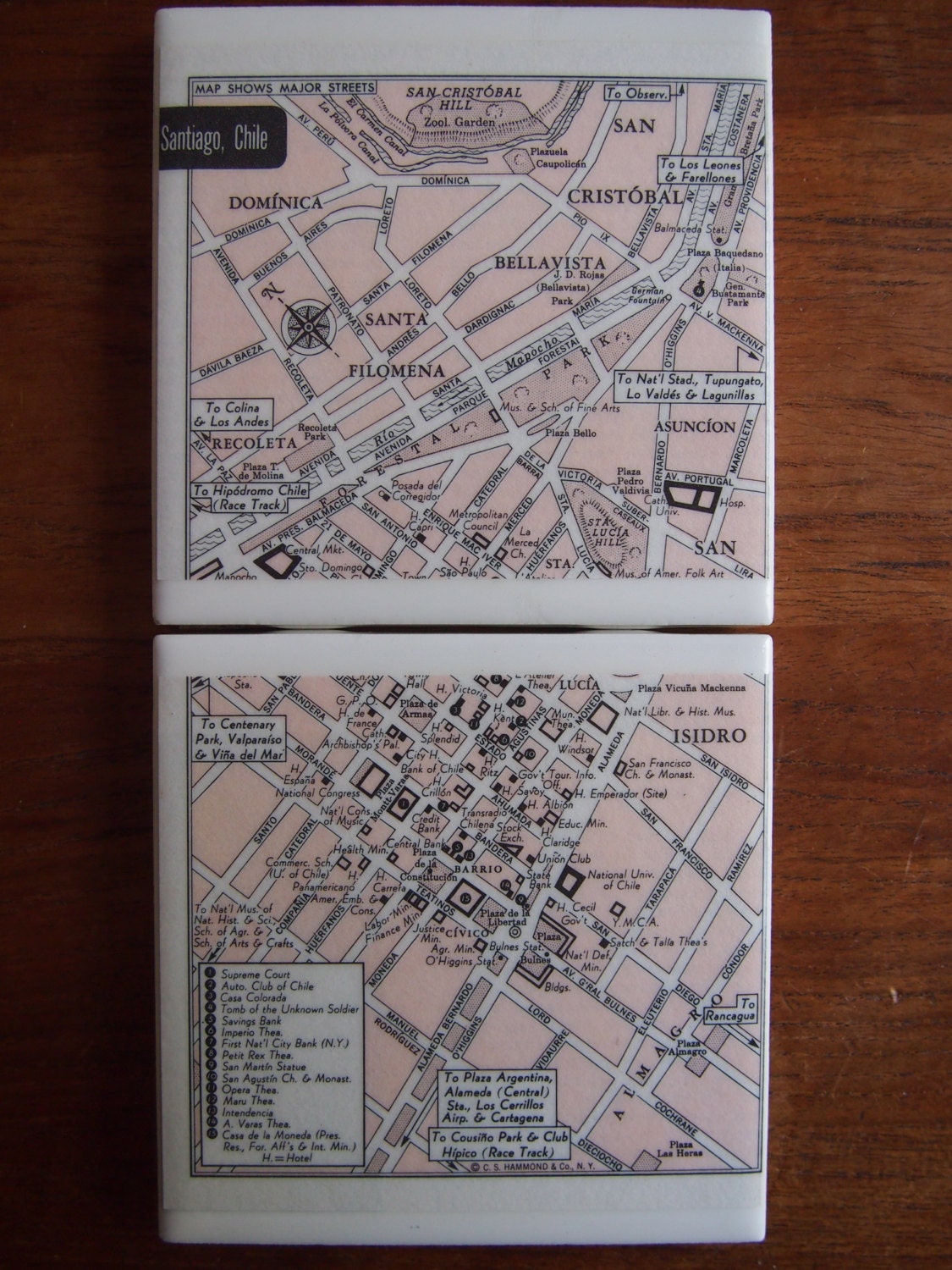 1960 Santiago Chile Handmade Vintage Map Coasters - Ceramic Tile Coasters Set of 2 - Repurposed 1960 Hammond Atlas - OOAK Drink Coasters