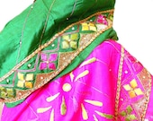 Green Scarf, Pink Scarf, Silk Scarf, Silk Sari Scarf, Beaded Scarf, Embroidered Scarf