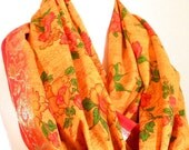 Floral Silk Scarf, Orange Scarf, Art Silk Sari Scarf, Orange Shawl, Vegan Silk Shawl