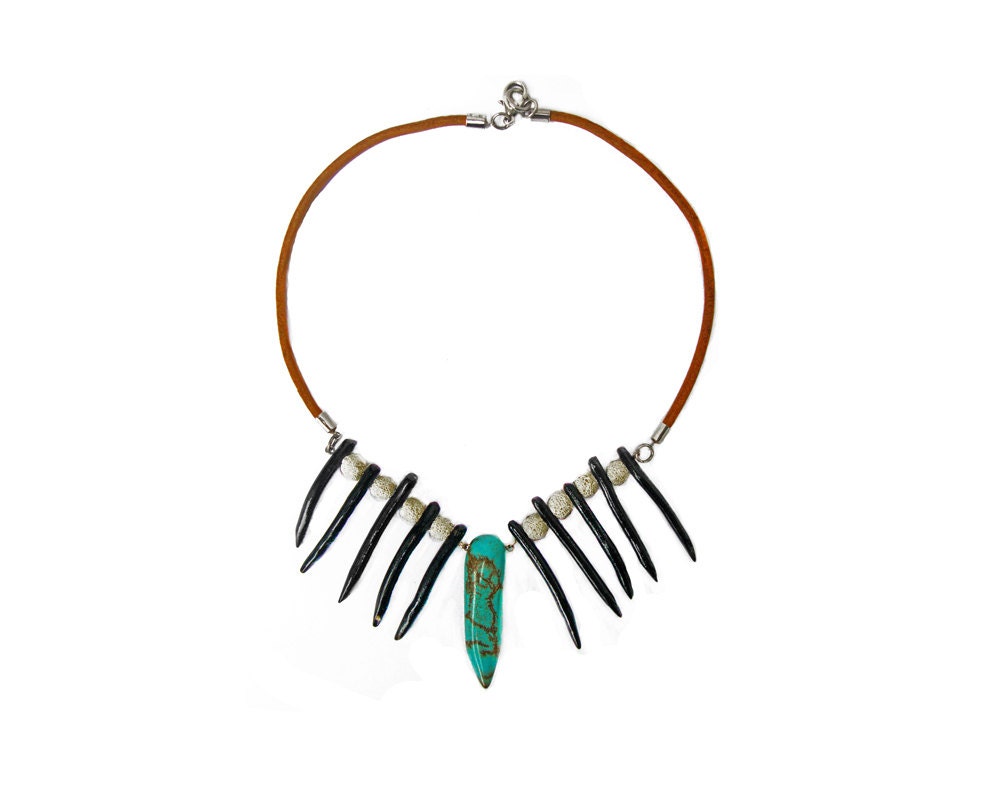 Turquoise horn, black coral spikes,white lava beads leather necklace