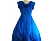 Vintage 50's Sapphire Satin Rosette Cocktail Dress
