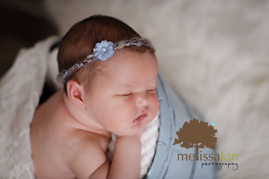 Newborn Halo Brown & Blue with dainty blue flower with pearl center Photography Prop