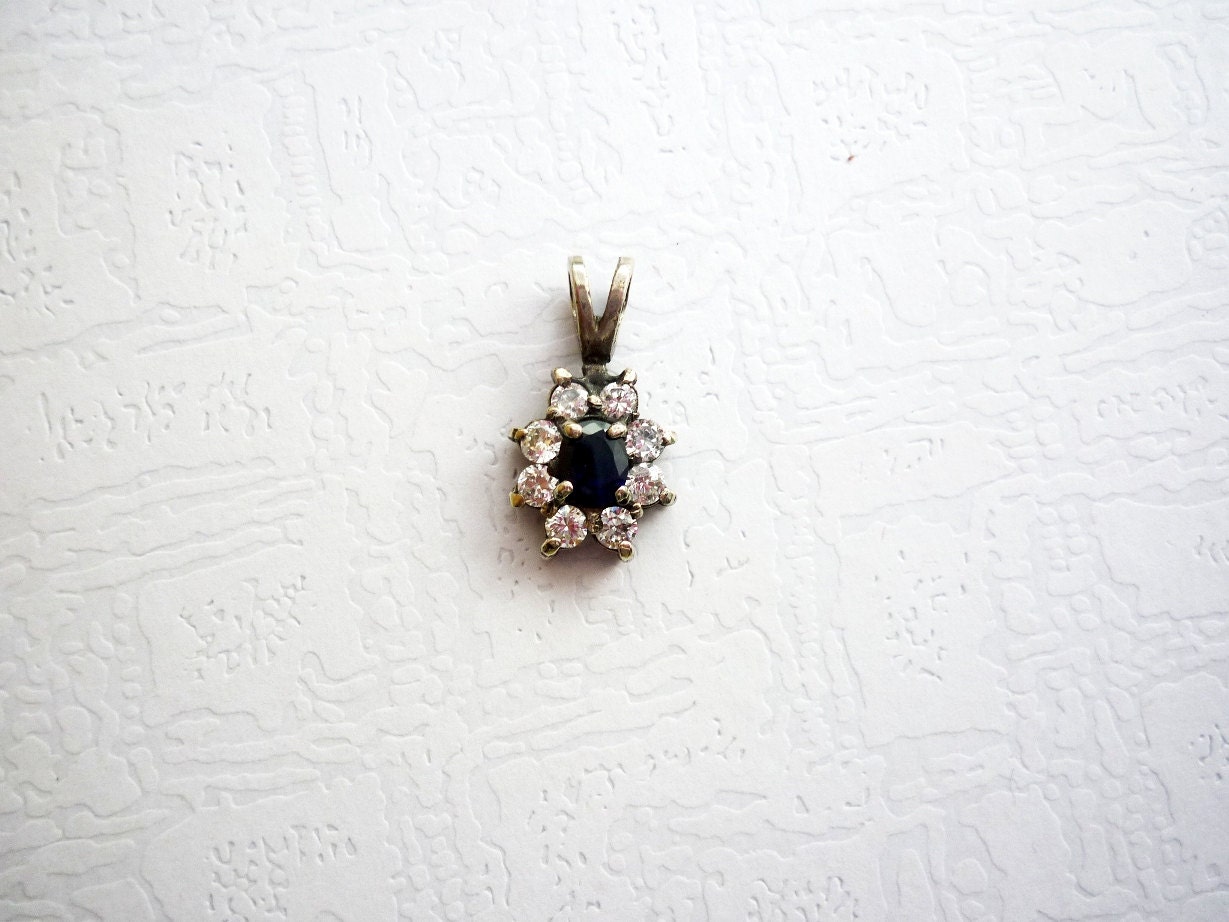 Blue Sapphire Small Silver Pendant, Weddings Silver Jewelry, Halo Pendant, Blue and White, Antiqued Silver, Something Blue Wedding