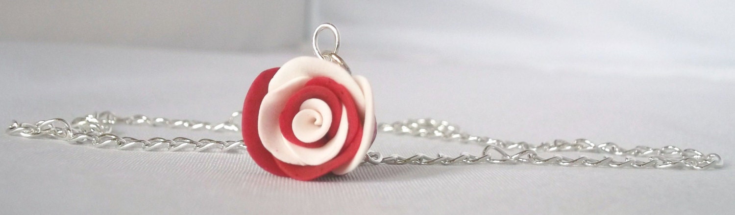 Red Flower Necklace, Rose Pendant, Red, White, Handsculpted Floral Accessory, Weddings, Prom Jewelry, Bridesmaid